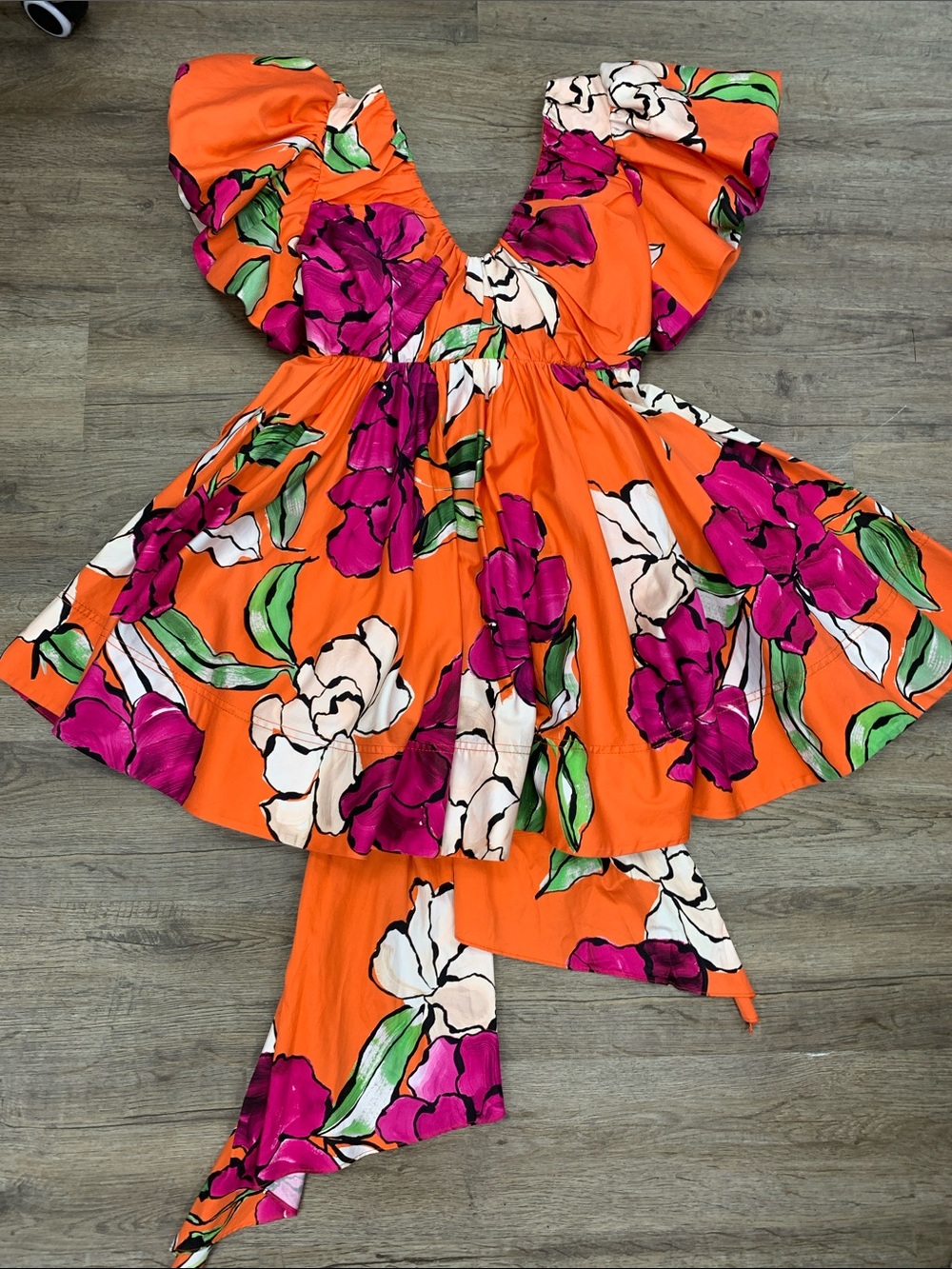 Aje Orange Floral Midi Dress with Magenta and White Blooms